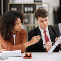 A man and a woman review a document.