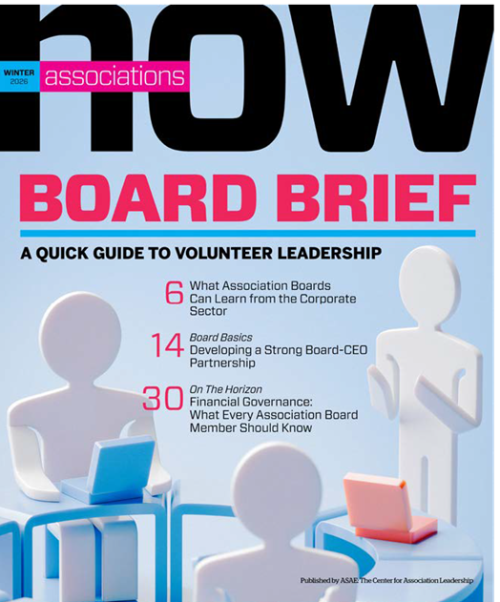Cover that shows figures working and notes articles on what associations can learn from the corporate sector, developing a strong board-CEO partnership, and financial governance.